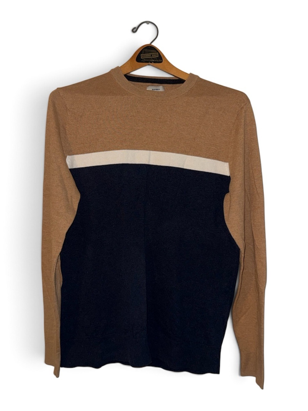Men's Colorblock Crewneck Sweater in Camel, Navy & White